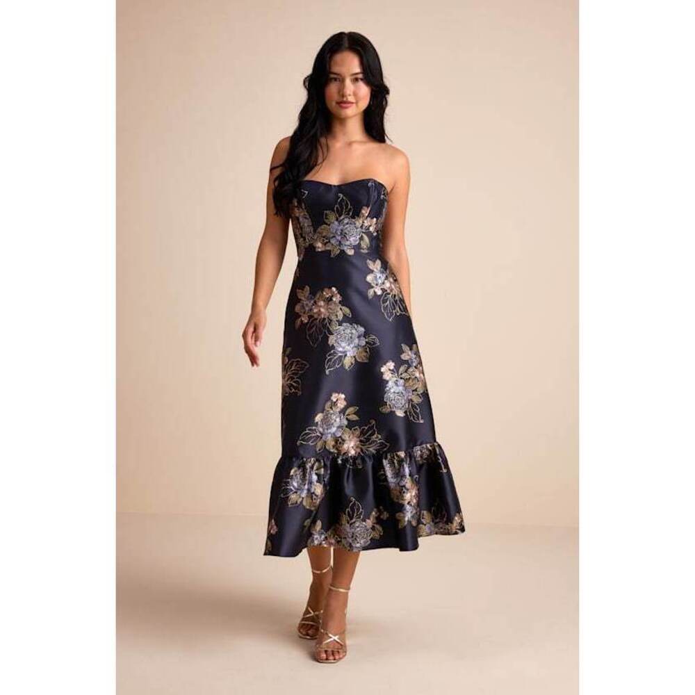 Lulus Yashelle Navy Floral Taffeta Strapless Tiered Corset Midi Dress Blue